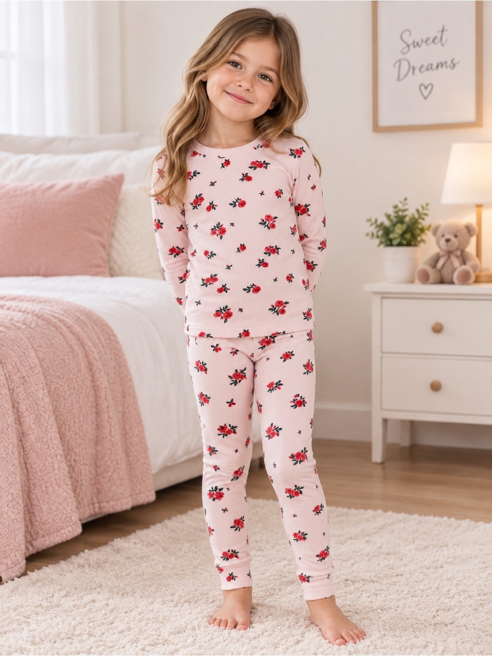 Cat & Jack Girls Size 6 Pink Floral Snug Fit 2-Piece Pajama Set